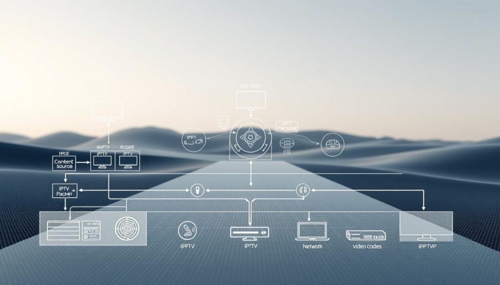 A detailed technical diagram showcasing the inner workings of IPTV streaming technology. In the foreground, a schematic representation of the IPTV delivery pipeline, including content sources, encoding, transmission, and end-user devices. In the middle ground, visualizations of key IPTV concepts such as IP packets, network protocols, and video codecs. In the background, a sleek, minimalist landscape with subtle gradients and geometric patterns, creating a sense of technological sophistication. Rendered in a muted, technical color palette with precise lines and shapes to convey the complex, interconnected nature of IPTV systems. Captured with a high-resolution, close-up camera angle to emphasize the intricate details of the diagram.
