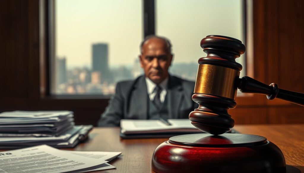 A dimly lit courtroom, the gavel on the judge's desk casting long shadows. In the foreground, stacks of legal documents and a laptop, conveying the digital aspects of South African IPTV regulations. The middle ground features a serious-looking government official, their face partially obscured, symbolizing the complex legal landscape. In the background, a muted cityscape through a large window, hinting at the broader societal implications. The scene is illuminated by a warm, amber-toned lighting, creating a somber, contemplative atmosphere befitting the gravitas of the subject matter.