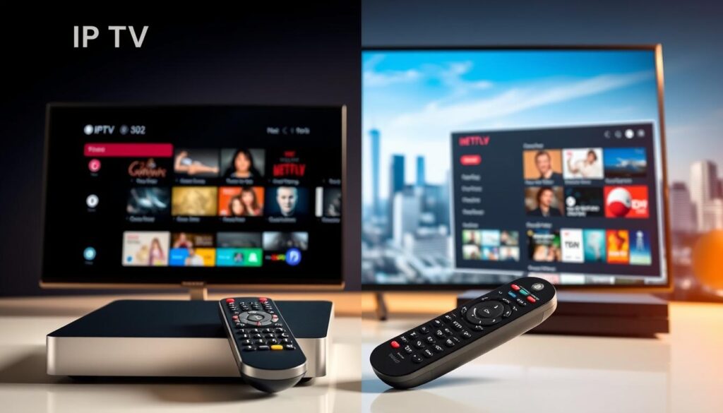 A head-to-head comparison of IPTV and traditional TV, showcasing the superior features of IPTV. In the foreground, a modern IPTV set-top box and a traditional cable TV remote control, symbolizing the technological advancements. In the middle ground, split-screen views of an IPTV interface and a traditional TV menu, highlighting the intuitive user experience and diverse content options of IPTV. In the background, a cityscape with skyscrapers, representing the connected, on-demand nature of IPTV. The scene is illuminated by a warm, futuristic lighting, conveying the progressive and innovative spirit of IPTV technology. A head-to-head comparison of IPTV and traditional TV, showcasing the superior features of IPTV. In the foreground, a modern IPTV set-top box and a traditional cable TV remote control, symbolizing the technological advancements. In the middle ground, split-screen views of an IPTV interface and a traditional TV menu, highlighting the intuitive user experience and diverse content options of IPTV. In the background, a cityscape with skyscrapers, representing the connected, on-demand nature of IPTV. The scene is illuminated by a warm, futuristic lighting, conveying the progressive and innovative spirit of IPTV technology.