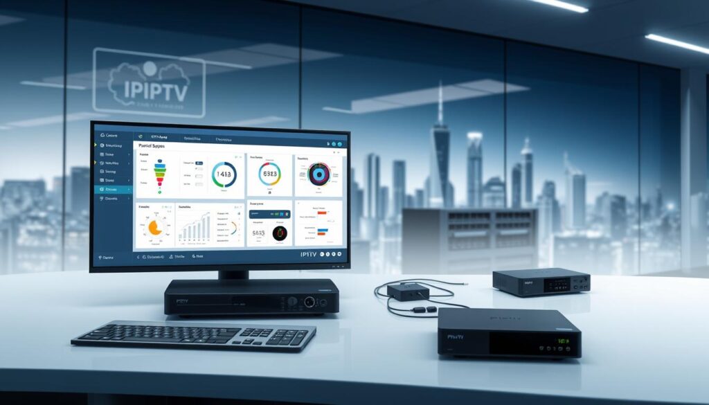 A modern digital control center showcasing the seamless integration of IPTV Smart and PlixiTV systems. In the foreground, a sleek user interface displays real-time monitoring and management tools, with intuitive controls and visualizations. The middle ground features interconnected hardware components, including smart set-top boxes and network devices, all working in harmony. The background depicts a stylized cityscape, hinting at the expansive reach and scalability of the integrated platform. Soft lighting accentuates the clean, futuristic aesthetic, while subtle gradients and reflections convey a sense of technological sophistication.