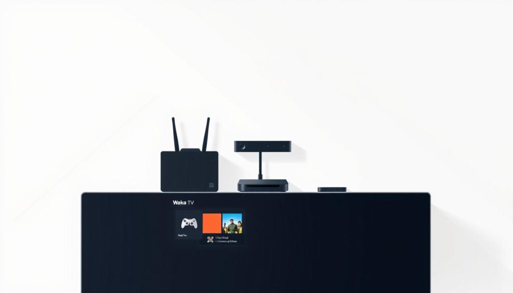 A modern, minimalist illustration showcasing the essential requirements for setting up Waka TV. In the foreground, a sleek, high-resolution smart TV displaying the Waka TV app interface. In the middle ground, a gaming console, a high-speed internet router, and a compatible streaming device, all arranged neatly. The background features a clean, white wall with subtle geometric patterns, creating a sense of balance and sophistication. The lighting is soft and diffused, highlighting the technological components while maintaining a calming atmosphere. The overall composition conveys the streamlined, user-friendly setup needed to enjoy the Waka TV experience.