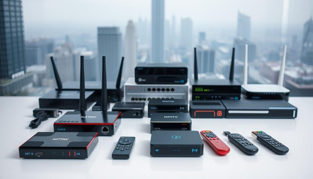 A neatly arranged display of cutting-edge IPTV streaming devices and hardware. In the foreground, various set-top boxes, media players, and Android TV sticks sit on a clean, minimalist surface, showcasing their sleek designs and connectivity options. In the middle ground, an array of wireless routers, modems, and ethernet switches provide the essential networking infrastructure. The background features a subtle, out-of-focus cityscape, hinting at the urban setting where these devices would be used. The lighting is soft and diffused, creating a sense of professionalism and technical sophistication. The overall composition conveys the essential equipment and technical requirements needed for a seamless IPTV streaming experience.