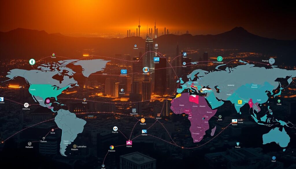 A panoramic landscape depicting the complex web of global IPTV regulations and streaming policies. In the foreground, a stylized world map showcases various countries, each with distinctive icons and color-coded legal statuses for IPTV services. The middle ground features a tapestry of digital streaming platforms, servers, and satellite dishes, symbolizing the interconnected nature of the international media landscape. In the background, a dimly lit cityscape with towering skyscrapers and glowing data centers creates a sense of technological sophistication and legal ambiguity. The scene is illuminated by a warm, golden light, casting long shadows and conveying a thought-provoking, investigative atmosphere.