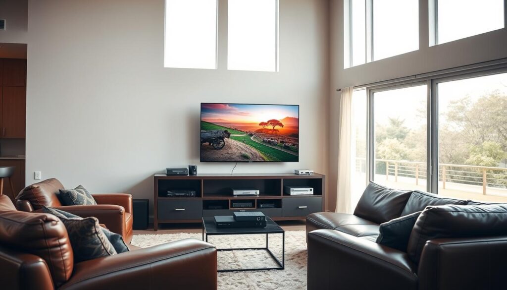 A serene living room showcases the power of South African IPTV services. In the foreground, a sleek, modern smart TV displays a vibrant, high-definition live broadcast. Surrounding it, comfortable leather couches and a stylish coffee table set the scene. The middle ground features a variety of streaming devices, including a state-of-the-art IPTV set-top box, seamlessly integrated into the home entertainment system. In the background, large windows flood the space with warm, natural lighting, creating a cozy and inviting atmosphere. The overall mood evokes the convenience, reliability, and entertainment value of IPTV technology in the South African market.
