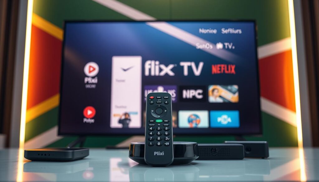 A sleek and modern digital television service, Plixi TV, prominently displayed against a backdrop of the South African flag. The interface showcases a clean and intuitive design, with bold typography and vibrant colors that capture the essence of the IPTV provider. In the foreground, a user-friendly remote control and a range of streaming devices seamlessly integrated, highlighting the accessibility and versatility of Plixi TV's services. The lighting is soft and warm, creating a welcoming and inviting atmosphere, while the camera angle provides a balanced and visually appealing composition that draws the viewer's attention to the key features of the IPTV offering.