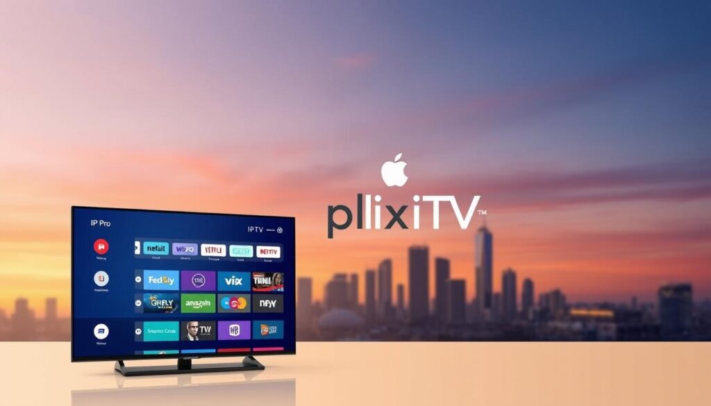 A sleek and modern-looking illustration showcasing the IPTV Pro and PlixiTV streaming services. In the foreground, display the IPTV Pro app interface with its intuitive menu options and program guides. In the middle ground, feature the PlixiTV logo and branding, emphasizing its integration with IPTV Pro. In the background, depict a minimalist cityscape with skyscrapers and a vibrant evening sky, conveying a sense of urban sophistication. Use a warm, muted color palette, soft lighting, and a slightly elevated camera angle to create a professional, high-quality visual. Ensure the overall composition is well-balanced, drawing the viewer's attention to the key streaming services.