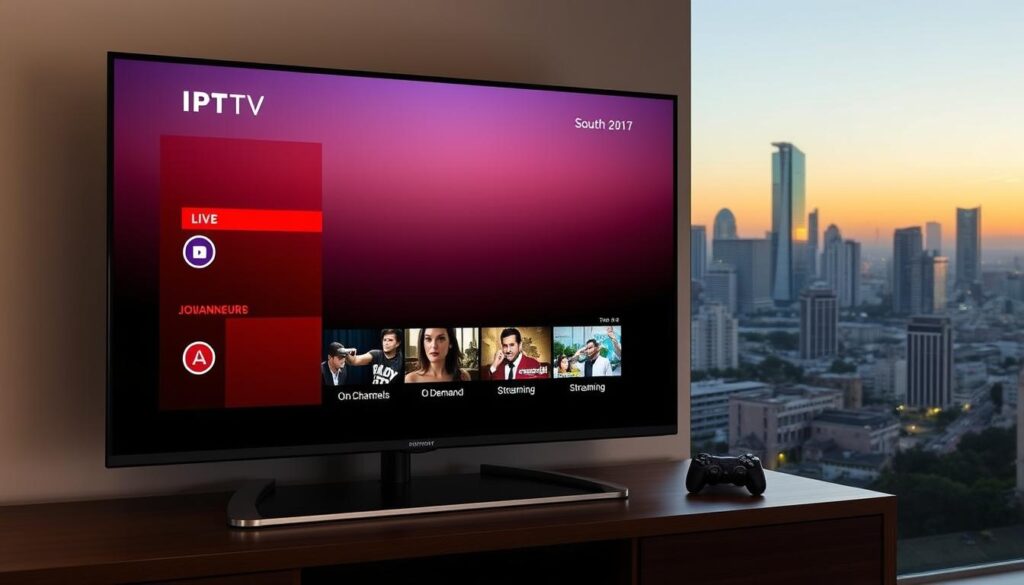 A sleek, modern IPTV interface displayed on a flat-screen TV, showcasing live channels, on-demand content, and streaming options. The UI is crisp and intuitive, with clean typography and minimalist icons. In the background, a cityscape of Johannesburg's skyscrapers and landmarks, bathed in the warm glow of a setting sun. The scene conveys the convenience and accessibility of IPTV technology, seamlessly blending digital entertainment with the vibrant urban landscape of South Africa.