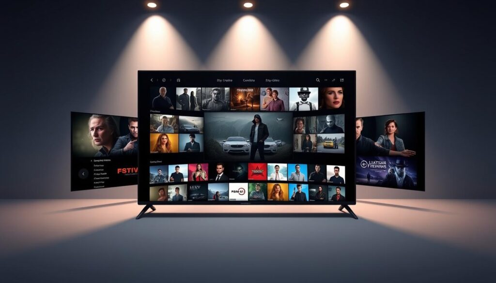 A sleek, modern UI for the PlixiTV streaming service, showcasing a clean, minimalist design with a focus on intuitive navigation. The interface features a central video player surrounded by a grid of content thumbnails, all framed by a dark, sophisticated color palette. Subtle lighting casts a warm glow, creating a cinematic atmosphere. The layout is balanced and symmetrical, with intuitive menus and controls that invite the user to explore the extensive library of premium content. An immersive, high-quality viewing experience that seamlessly blends form and function.