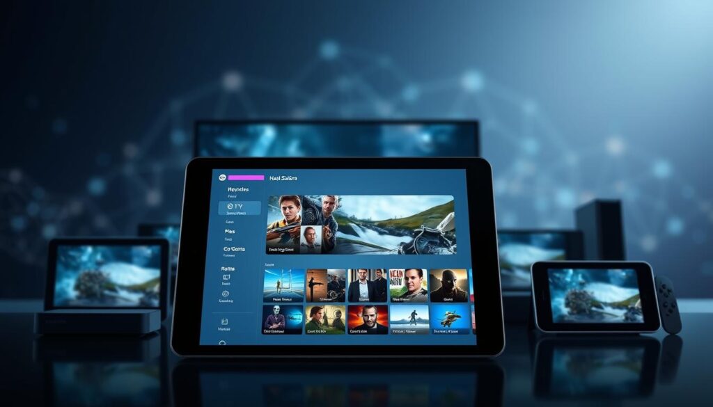A sleek, modern cross-platform streaming interface showcasing the IPTV Smarters app. In the foreground, a stylized tablet or smartphone display presents the app's intuitive user experience, featuring seamless navigation, a minimalist design, and high-quality video playback. The middle ground depicts a variety of compatible devices, including smart TVs, set-top boxes, and mobile devices, emphasizing the app's widespread device support. The background evokes a technology-driven ambiance, with a subtle grid or hexagonal pattern evoking a digital ecosystem. The overall scene conveys the versatility, user-friendliness, and cross-platform capabilities of the IPTV Smarters streaming solution.