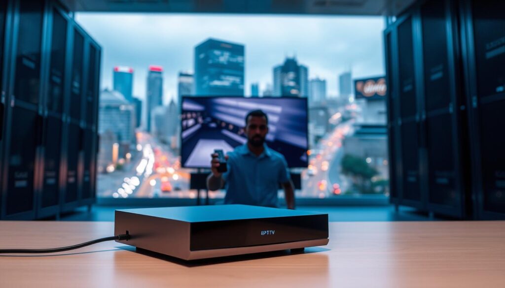 A state-of-the-art IPTV server situated in a sleek, modern data center in Johannesburg, South Africa. In the foreground, a cable box with a minimalist, angular design connects to a high-definition television. The middle ground features a person intently controlling a smart remote, their face illuminated by the glow of the screen. In the background, a cityscape of gleaming skyscrapers and bustling streets, symbolizing the widespread adoption of IPTV technology across the region. The scene is bathed in a cool, bluish lighting, conveying a sense of technological sophistication and the future of digital entertainment in South Africa. A state-of-the-art IPTV server situated in a sleek, modern data center in Johannesburg, South Africa. In the foreground, a cable box with a minimalist, angular design connects to a high-definition television. The middle ground features a person intently controlling a smart remote, their face illuminated by the glow of the screen. In the background, a cityscape of gleaming skyscrapers and bustling streets, symbolizing the widespread adoption of IPTV technology across the region. The scene is bathed in a cool, bluish lighting, conveying a sense of technological sophistication and the future of digital entertainment in South Africa.