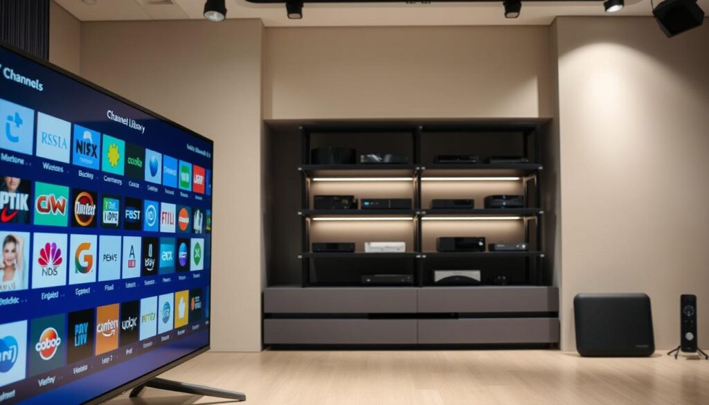A well-lit, high-resolution image of a sleek, modern TV channel library interface. The foreground features a large flat-screen display showcasing a diverse array of channel icons and logos, arranged in a clean, grid-like layout. The middle ground includes shelves or racks holding various streaming devices and media players, suggesting a comprehensive IPTV solution. The background depicts a stylish, minimalist studio setting with neutral-toned walls and subtle lighting, creating a sophisticated and immersive atmosphere. The overall composition conveys a sense of extensive content selection and a seamless, user-friendly TV viewing experience. A well-lit, high-resolution image of a sleek, modern TV channel library interface. The foreground features a large flat-screen display showcasing a diverse array of channel icons and logos, arranged in a clean, grid-like layout. The middle ground includes shelves or racks holding various streaming devices and media players, suggesting a comprehensive IPTV solution. The background depicts a stylish, minimalist studio setting with neutral-toned walls and subtle lighting, creating a sophisticated and immersive atmosphere. The overall composition conveys a sense of extensive content selection and a seamless, user-friendly TV viewing experience.