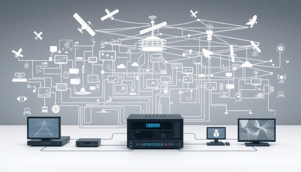 Detailed technical schematic diagram of IPTV streaming technology. In the foreground, a central network server connected to various streaming clients via internet protocol. In the middle ground, visualizations of video, audio, and data transmission protocols. In the background, a complex web of satellite, cable, and wireless network infrastructure. Rendered in a clean, technical style with muted colors and precise engineering-inspired design. Emphasis on the connectivity, scalability, and interoperability of IPTV systems. Crisp, high-resolution image without any text overlays.