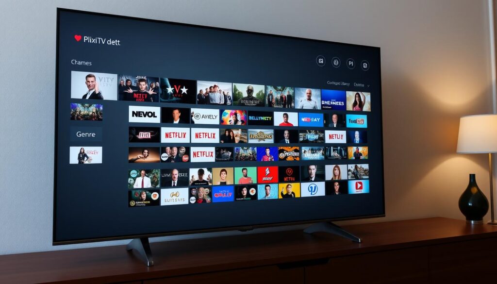 Detailed, visually compelling image of a sophisticated, modern content library interface for PlixiTV. A spacious, well-organized interface showcases a diverse array of channel thumbnails and genre categories, displayed on a sleek, minimalist screen with a subtle, neutral color palette. Precise, high-resolution rendering with natural, balanced lighting and camera angles that emphasize the breadth and depth of the content selection. Convey a sense of professionalism, user-friendliness and comprehensive entertainment options for the discerning PlixiTV subscriber.