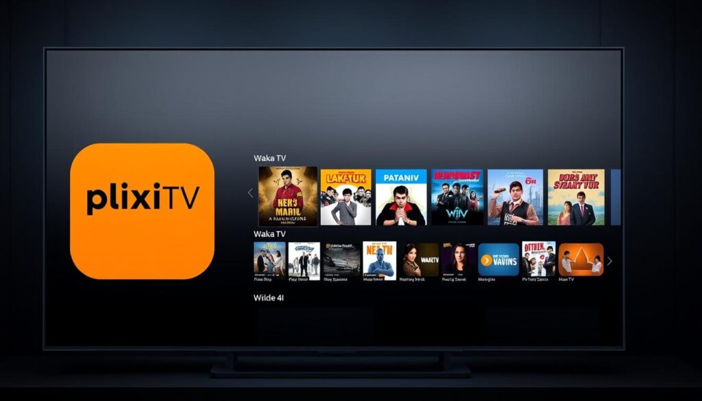 Stylized, high-resolution render of a modern smart TV interface, showcasing the seamless integration of PlixiTV and Waka TV streaming services. The interface features clean, minimalist design with bold typography and intuitive iconography. The foreground depicts the Waka TV app logo prominently displayed, flanked by PlixiTV branding and content recommendations. The middle ground shows a grid of popular movies and TV shows available across both platforms. The background features a sleek, dark gray gradient, creating a sense of depth and elegance. Soft, diffused lighting illuminates the scene, highlighting the crisp visuals and creating an inviting, premium atmosphere.