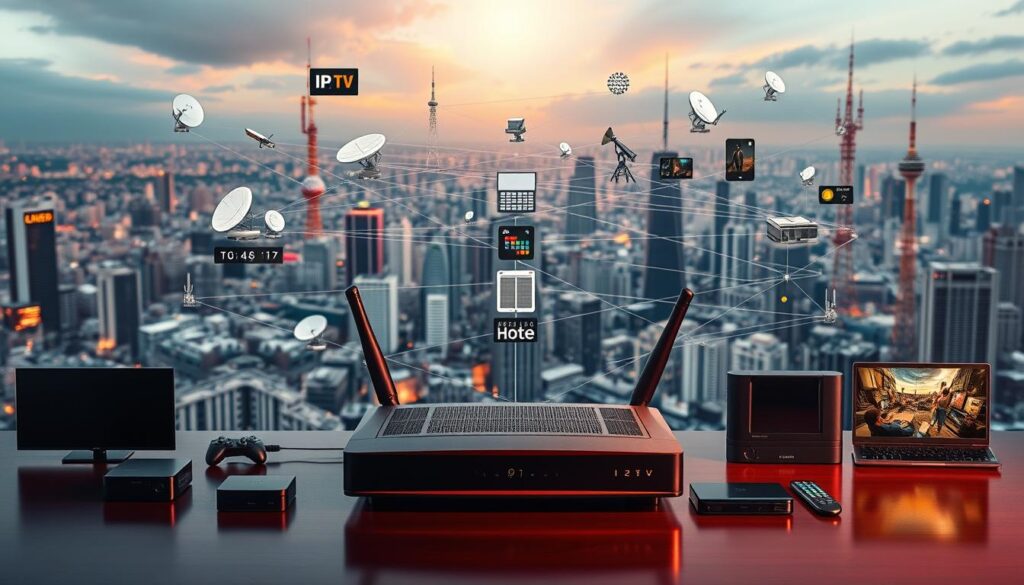 A detailed technical diagram showcasing the IPTV streaming technology. In the foreground, a sleek and modern router connected to various streaming devices like smart TVs, set-top boxes, and mobile phones. The middle ground features a complex network of interconnected servers, CDN nodes, and satellite dishes, illustrating the distribution and delivery infrastructure. In the background, a vibrant cityscape with skyscrapers and communication towers, conveying the global reach and scale of the IPTV ecosystem. The scene is illuminated by a soft, warm lighting, creating a professional and authoritative atmosphere. The overall composition emphasizes the sophistication and interconnectedness of the IPTV streaming technology.