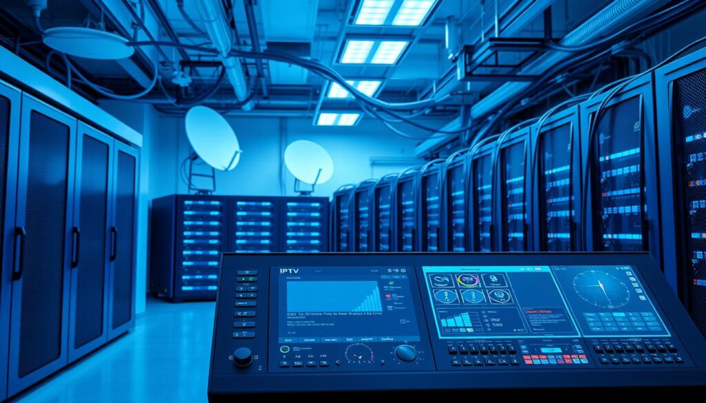 A modern data center with sleek servers, satellite dishes, and cables snaking through the background. In the foreground, a sophisticated IPTV control panel with intuitive interfaces, status indicators, and customizable settings. Soft blue lighting illuminates the scene, creating a sense of technological sophistication. The room is spacious and minimalist, with clean lines and a professional, enterprise-level aesthetic. The overall mood conveys the technical expertise and reliable infrastructure required to power a high-quality IPTV service.