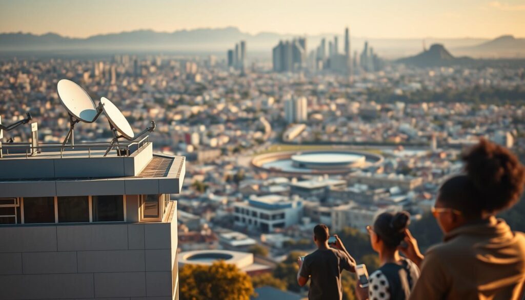 A serene urban landscape in South Africa, showcasing the evolution of IPTV streaming technology. In the foreground, a sleek modern building with satellite dishes on the rooftop, symbolizing the infrastructure powering IPTV services. In the middle ground, people using various devices to access IPTV content, immersed in the digital world. The background features a vibrant cityscape, with skyscrapers and a clear blue sky, representing the growing digital connectivity. The scene is bathed in warm, golden lighting, conveying a sense of progress and optimism surrounding the advancements in IPTV streaming in the region.